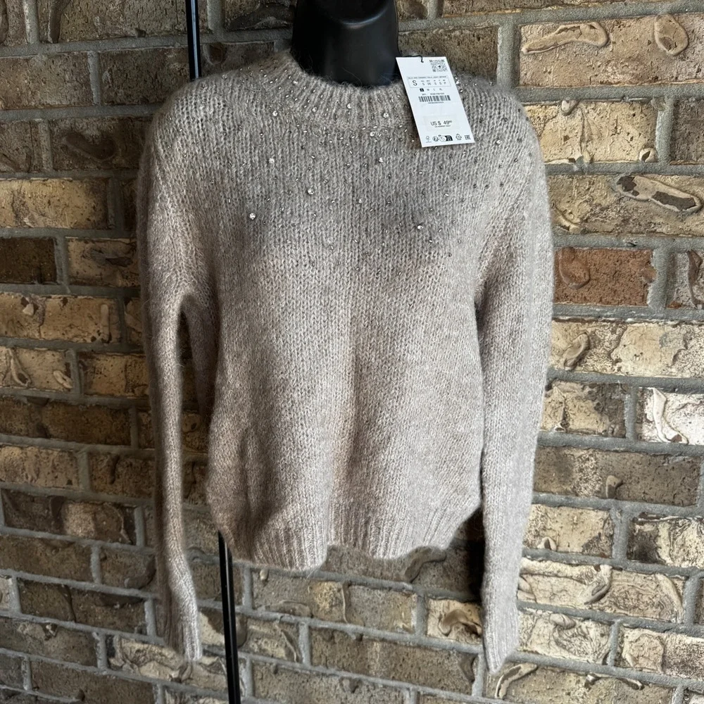 ZARA Beige Gray Rhinestone Knit Sweater Size S Wool Blend NWT